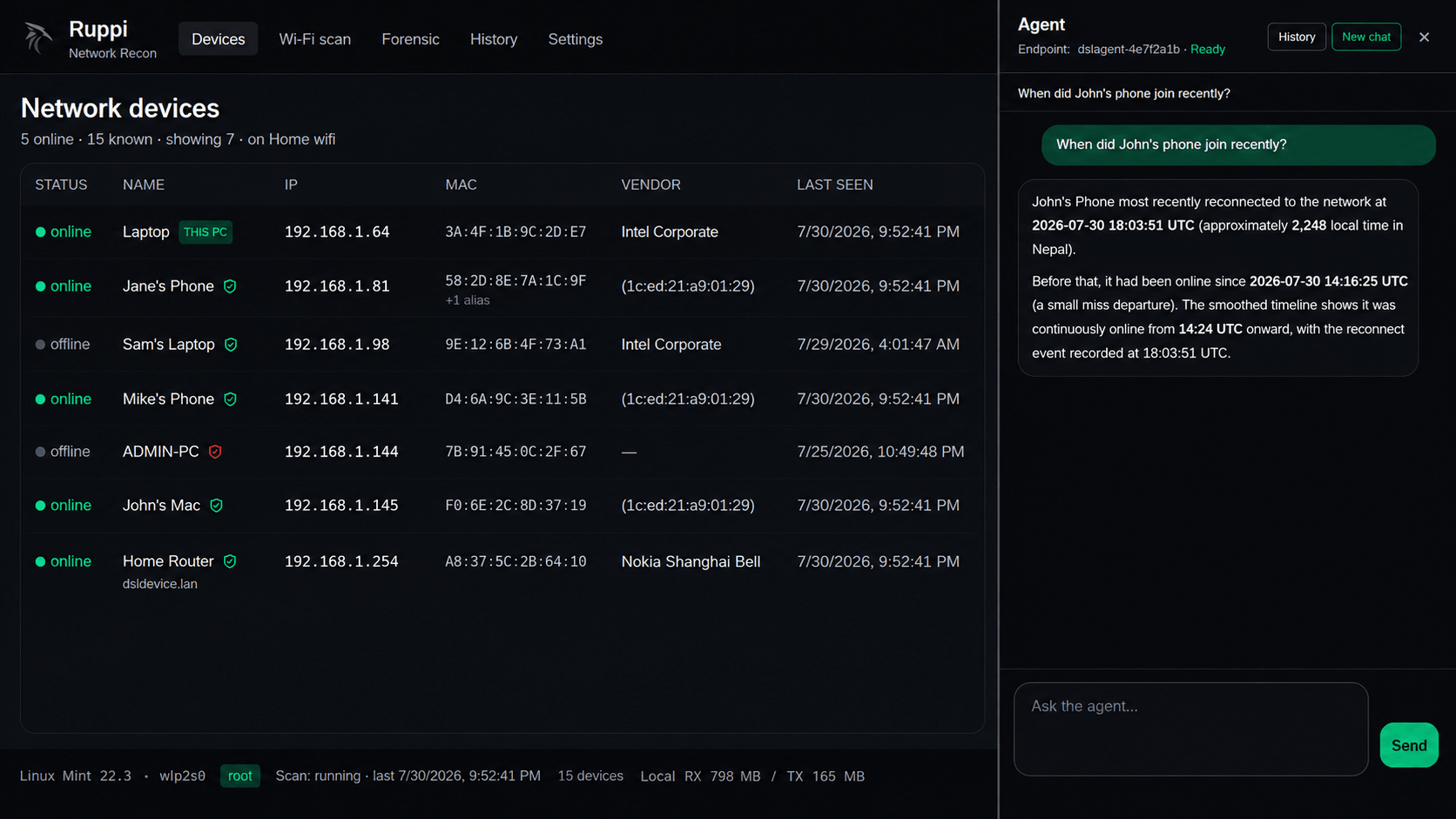 Ruppi agent response summarizing network forensic context