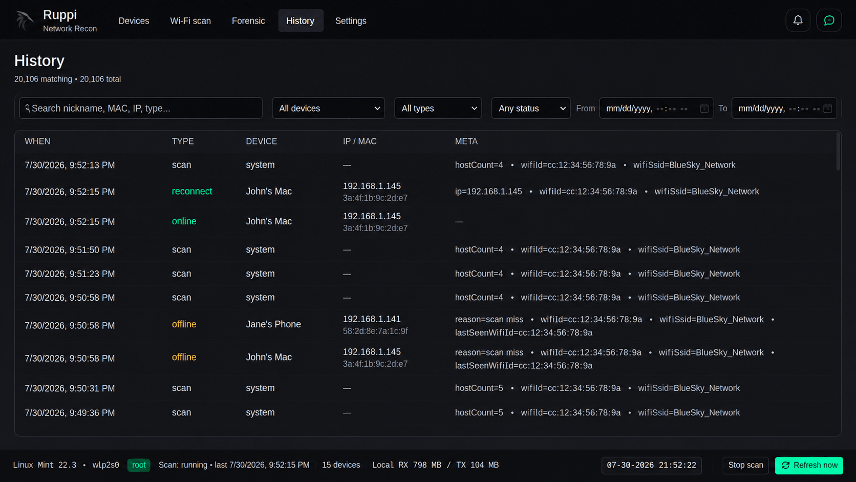 Ruppi history view with device connection events