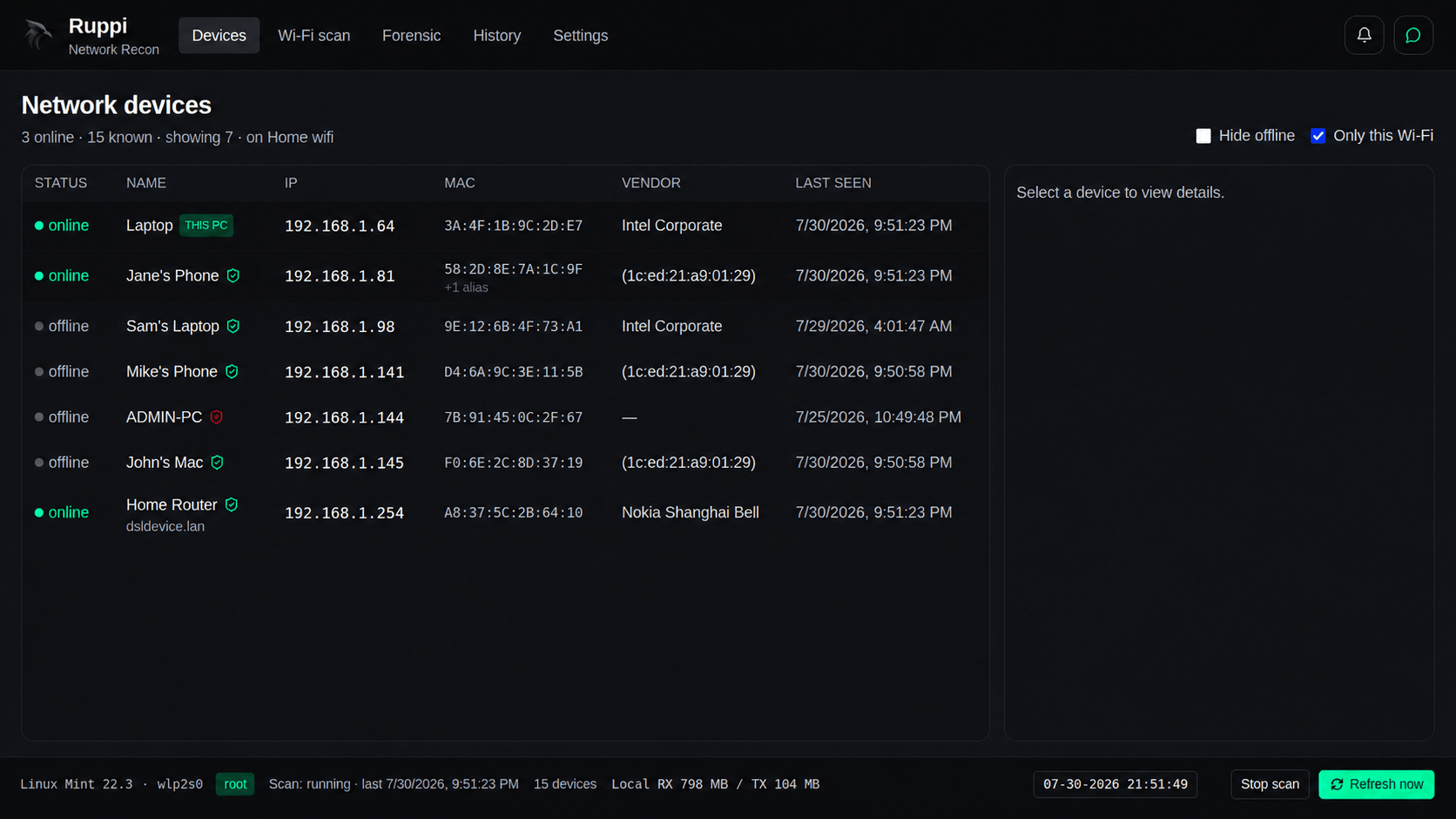 Ruppi device monitor showing live network devices and trust flags